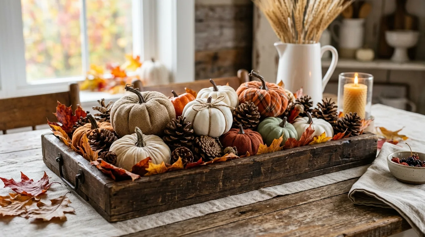 Farmhouse tray with Dollar Tree pumpkins and fall accents